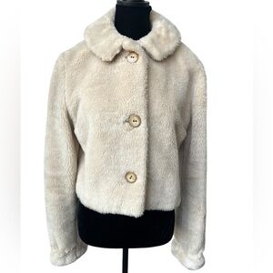 Vintage Cropped Faux Fur Cream Jacket Size M Satin Lining Retro Mod